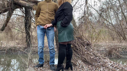 Squeezing my Stepmother in law's fat ass in a leather skirt before she helps me pee outside