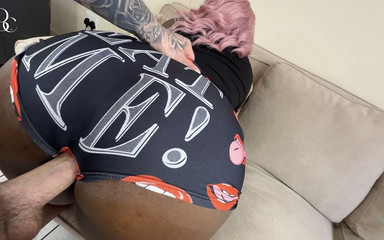 Ebony Girl Begs to Get Fucked Through a Hole in Her Eat Me Shorts