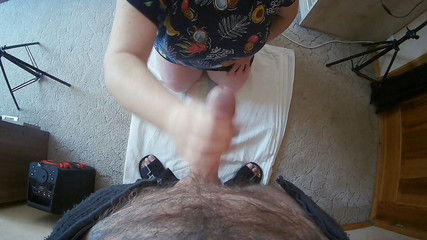 Stepmom jerks off my stone boner and brings it to cum