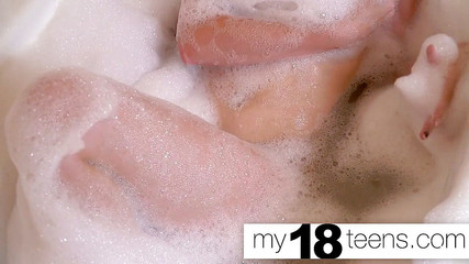 MY18TEENS - Redhead play pussy and caresses breast in foam - Foot fetish