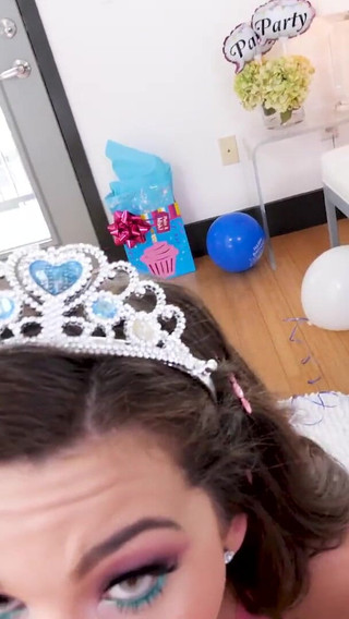 Cute brunette Kimber Woods POV deepthroat blowjob and cum swallow