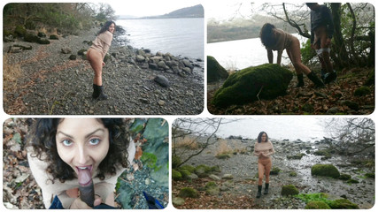 Teen flashes, fingers and fucks by the lake, outdoor exhibitionist sex