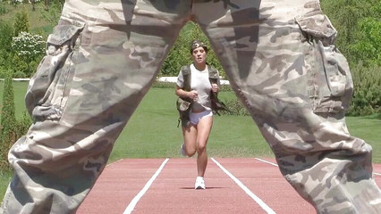 Two stunning brunette babes get fucked by a horny soldier