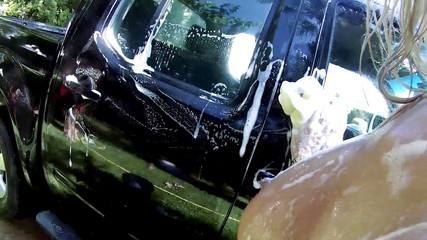 Dirty blonde washing a car has a sudden craving for cock
