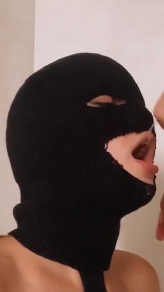 Sloppy Blowjob in Mask - Lots of Cum on Face
