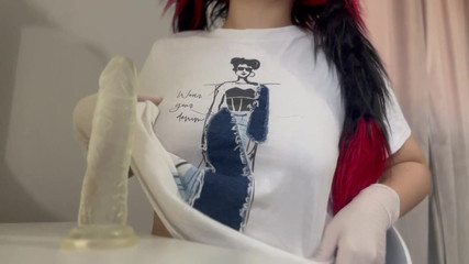 I Play with the Dildo in Tight, White Medical Gloves