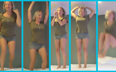 Big tits blonde MILF jumping on a bed