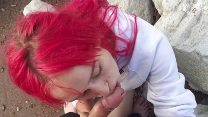 Girl sucking dick outside and cum in mouth