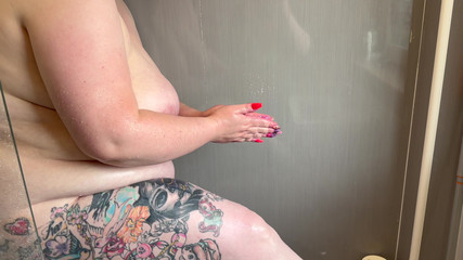 Chubby BBW Washes Feet Huge Natural Tits Pussy and Bum in the Shower While You Watch Her Soapy Body and Tattoos