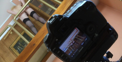 Sweet blonde naked in stocking making video from downstairs