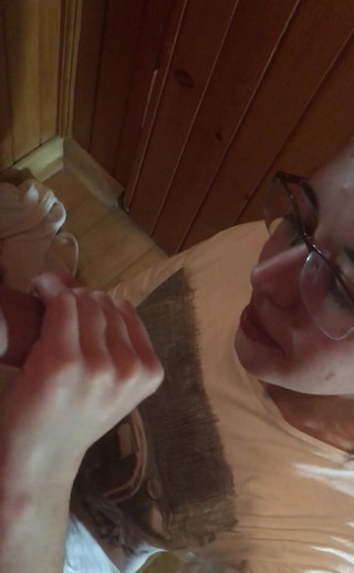 Nerd girl give me blow job after shooting, with cum shoot on her face and glasses pov from my Mobil phone
