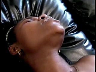 Naughty black babe fingers her hairy pussy then fucks