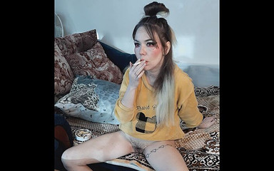 Stepsister without panties smokes a cigarette