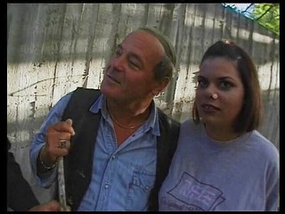 Busty whore spitroasted in outdoor threesome by old fellas