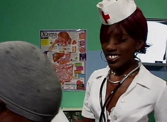 Redhead ebony nurse wearing stockings while seducing patient's cock