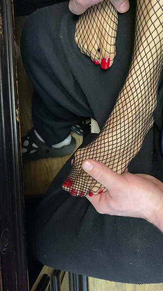Tiny Feet in Fishnet Stocking...red Toe Nails