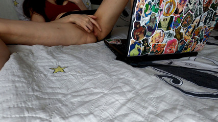 Amateur MILF watches porn and masturbates sweet pussy