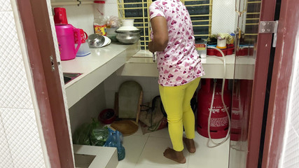 I See My Stepaunty Entering the Kitchen and Cleaning I Hugged Her and Started Fucking