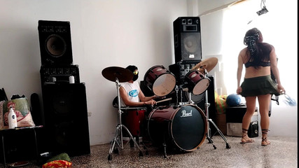 He Play the Drums for Her - She Dances, Stripping and Showing Her Ass