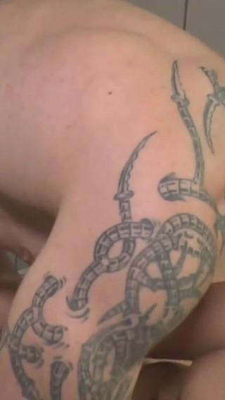 Muscle tattooed guy pussy licking pussy fucking in the bathroom