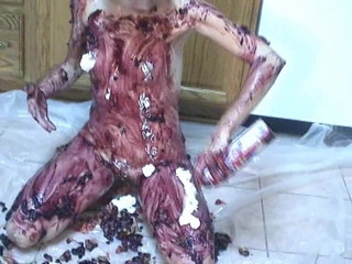 Brunette covers her slim body with pie and whipped cream