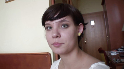 Brunette teen plays with glass dildo