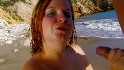 French chubby woman with big boobs rides a hard cock on the beach