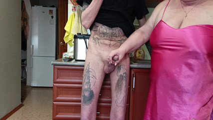 Stepmom in the Kitchen Sucks Cock, Jerks It off and Watches Cum