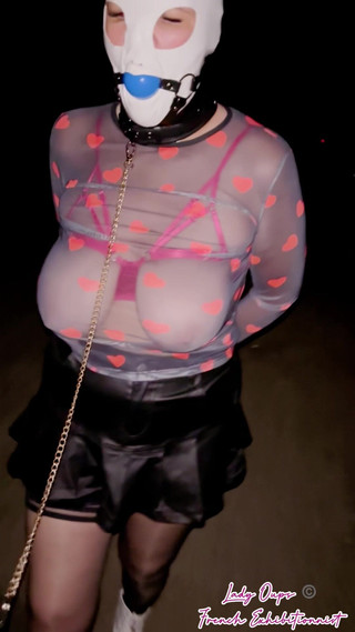 On a Leash Like a Female Pet with Hood, Gag, Anal Plug and Micro Leather Skirt