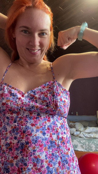 Redhead Woman in Pretty Dress Showing Her Muscles and Tits, How Strong Is She and How She Can Boxing Topless