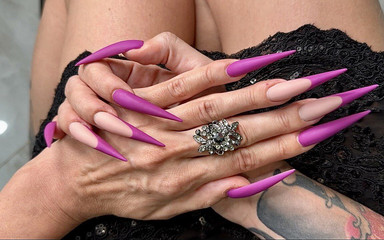 New Purple Color Long Nails, Sharp Stilettos, Palms, Long Fingers and Hands Worship, Black Dress on Me